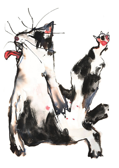 A watercolor painting of a black and white cat lying on its back, rendered with expressive ink-like brushstrokes and small red accents on a plain white background.