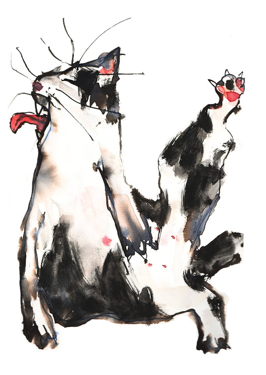A watercolor painting of a black and white cat lying on its back, rendered with expressive ink-like brushstrokes and small red accents on a plain white background.