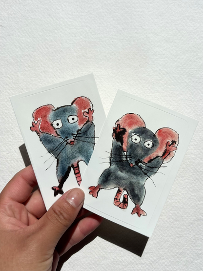 sticker featuring a hand draw vivid watercolour illustration of a cartoon mouse.