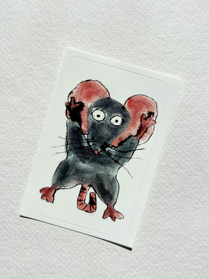 sticker featuring a hand draw vivid watercolour illustration of a cartoon mouse.