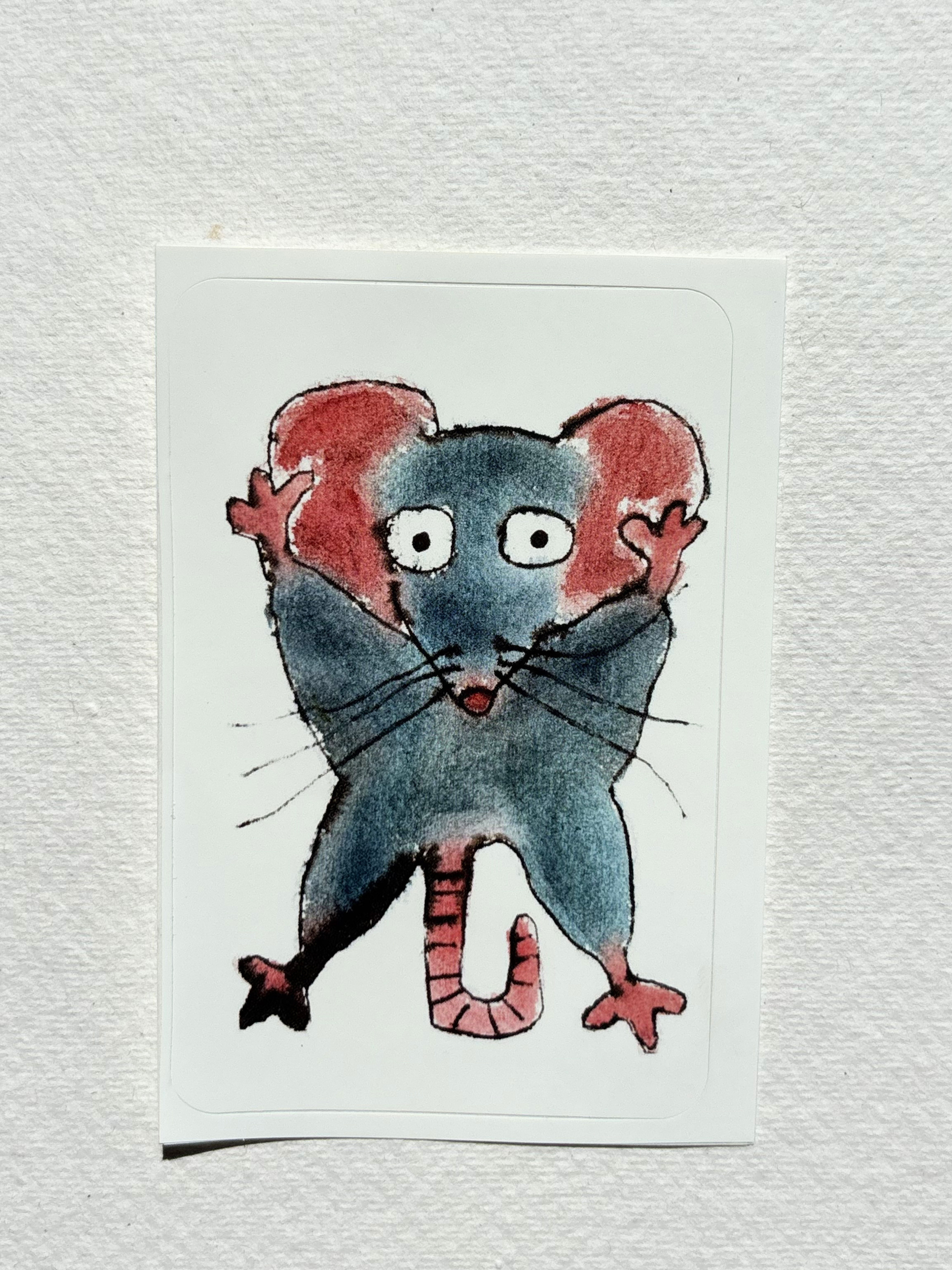 sticker featuring a hand draw vivid watercolour illustration of a cartoon mouse.