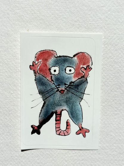 sticker featuring a hand draw vivid watercolour illustration of a cartoon mouse.