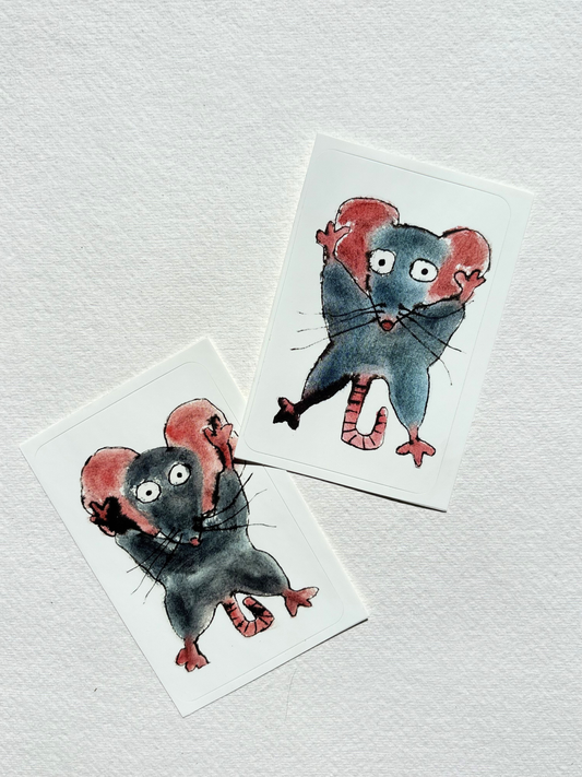 sticker featuring a hand draw vivid watercolour illustration of a cartoon mouse.