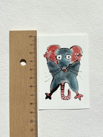 sticker featuring a hand draw vivid watercolour illustration of a cartoon mouse.