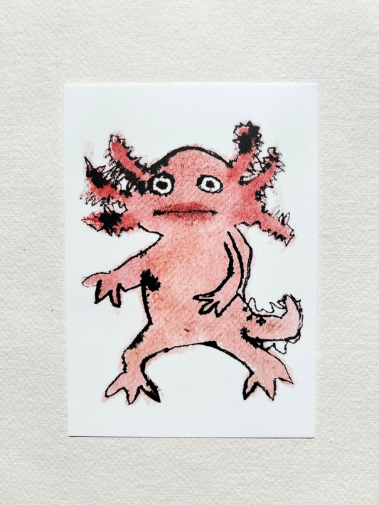A6 postcard featuring a vivid hand draw watercolour illustration of a cartoon Axolotl.