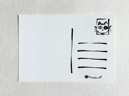 Back of a post card with ink illustration and line