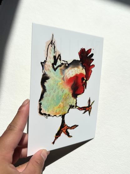  A6 postcard featuring a hand draw vivid watercolour illustration of a cartoon Cockerel.