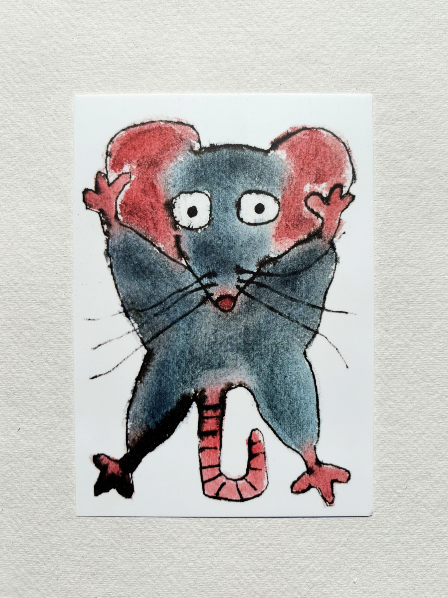 A6 postcard featuring a hand draw vivid watercolour illustration of a cartoon mouse.