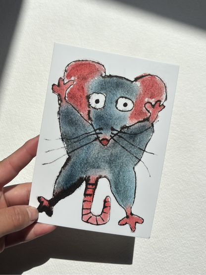 A6 postcard featuring a hand draw vivid watercolour illustration of a cartoon mouse.