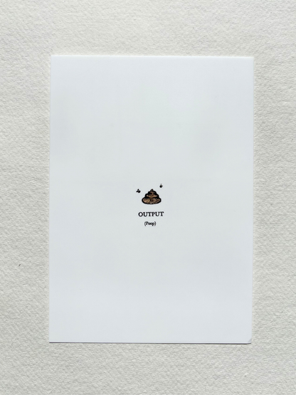 A6 postcard featuring a vivid hand drew watercolour illustration of a cartoon poop.