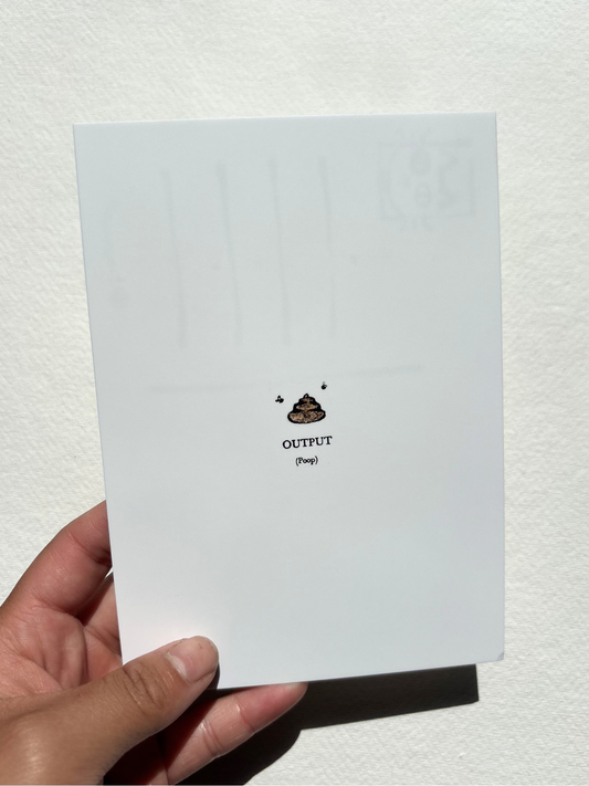 A6 postcard featuring a vivid hand drew watercolour illustration of a cartoon poop.