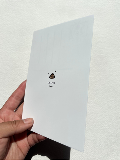 A6 postcard featuring a vivid hand drew watercolour illustration of a cartoon poop.