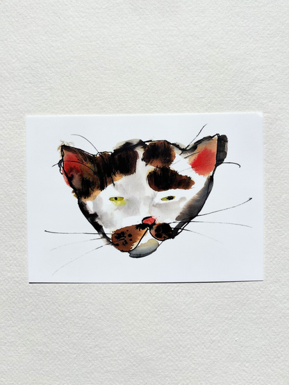 A6 postcard featuring a vivid hand draw watercolour illustration of a cartoon ugly cat.