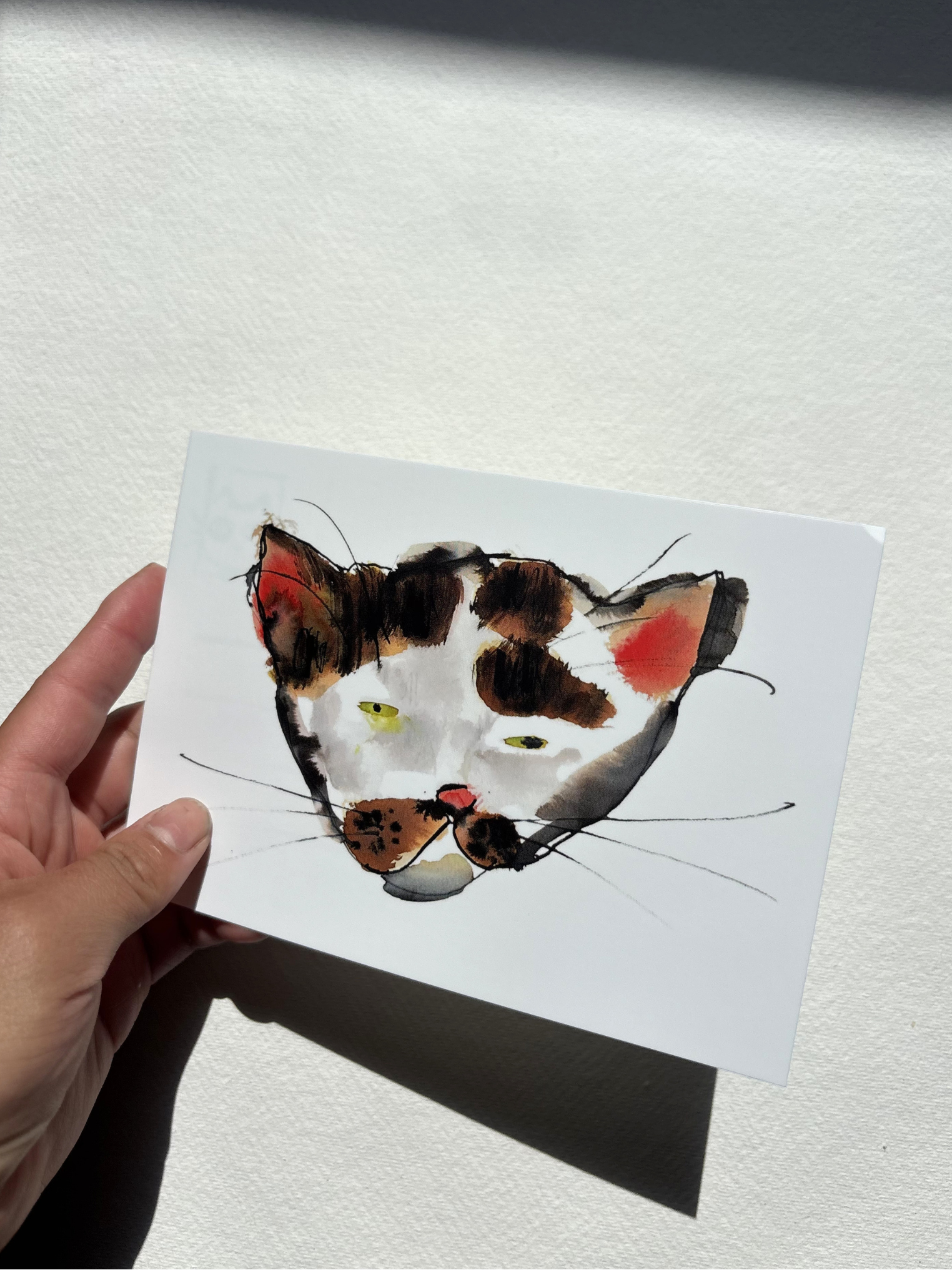 A6 postcard featuring a vivid hand draw watercolour illustration of a cartoon ugly cat.