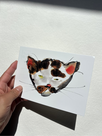 A6 postcard featuring a vivid hand draw watercolour illustration of a cartoon ugly cat.