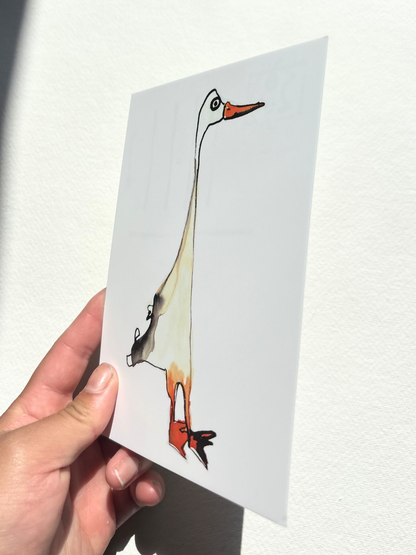  A6 postcard featuring a hand draw vivid watercolour illustration of a cartoon Duck.