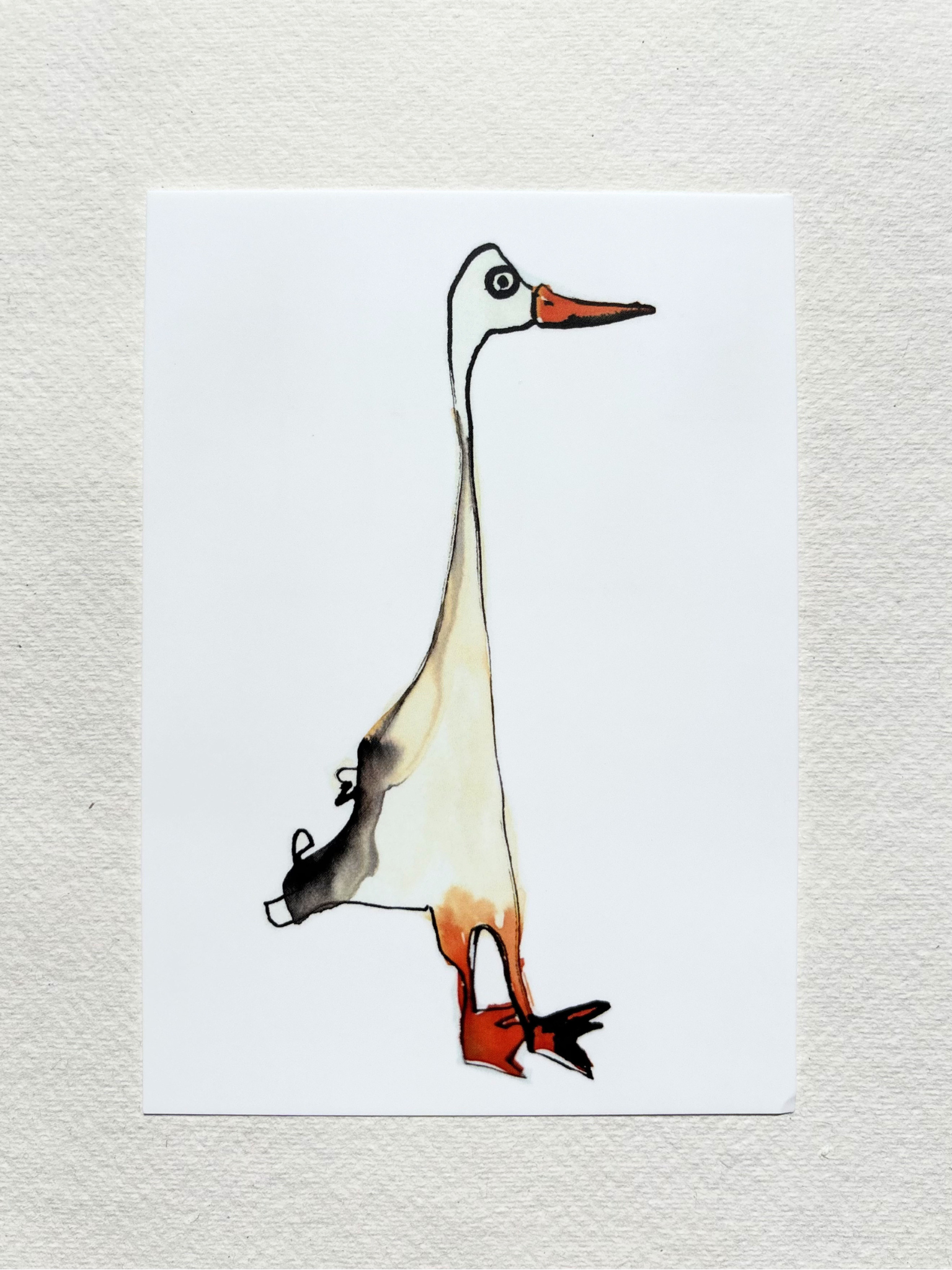  A6 postcard featuring a hand draw vivid watercolour illustration of a cartoon Duck.