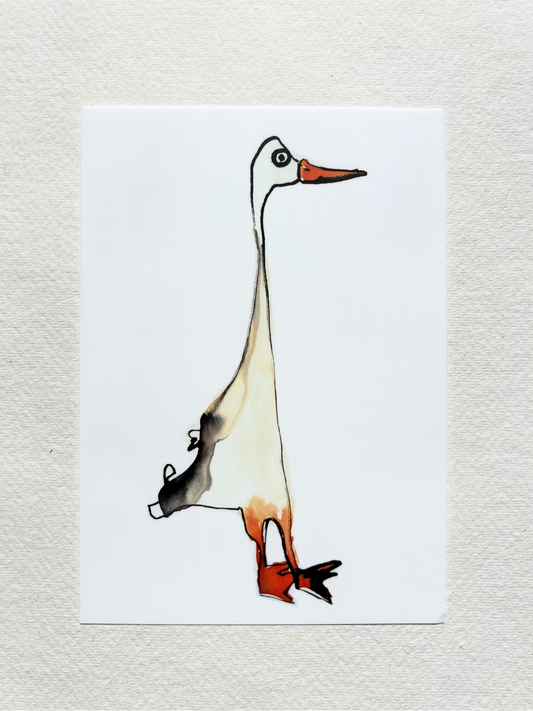  A6 postcard featuring a hand draw vivid watercolour illustration of a cartoon Duck.