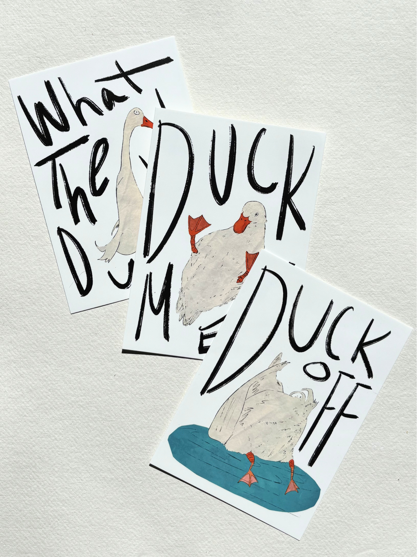 A6 postcard featuring a vibrant digital illustration of a duck with playful text.