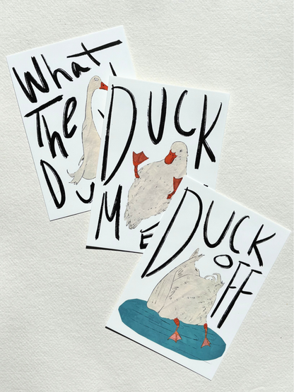 A6 postcard featuring a vibrant digital illustration of a duck with playful text.